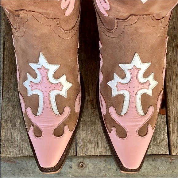 LANE Grace Cross Tall Brown Pink White Leather Cowboy Western Boots, Size 7.5 - Picture 7 of 13